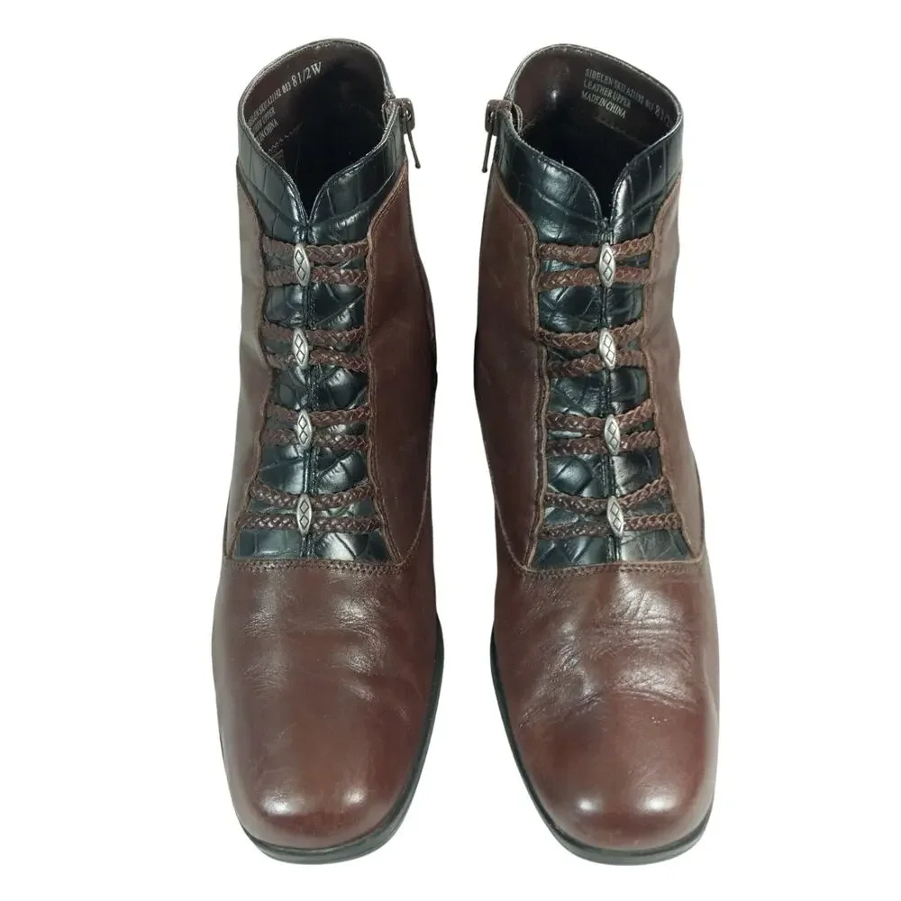 LONDON FOG! ESPRESSO BROWN GENUINE LEATHER, BLACK CROCO TRIM ANKLE BOOTS! 8.5W
